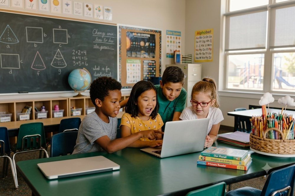 Students working together on an AI classroom activity
