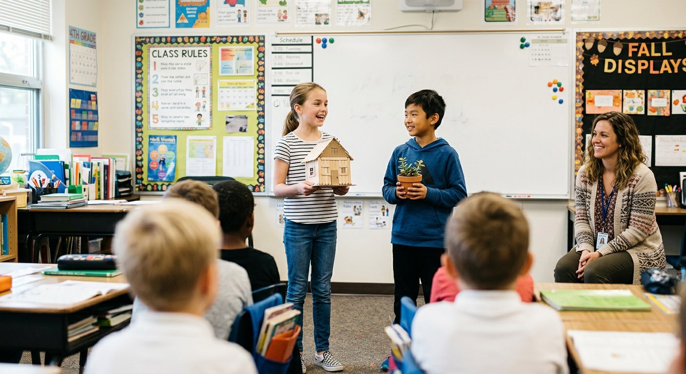 Two students presenting a project to their classmates while their teacher listens
